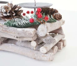 Adventsgesteck länglich, Weihnachtsdeko Adventskranz, Holz 11x15x50cm weiß-grau ~ mit Kerzen, weiß
