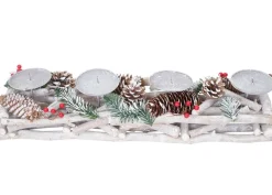 Adventsgesteck länglich, Weihnachtsdeko Adventskranz, Holz 11x15x50cm weiß-grau ~ mit Kerzen, weiß