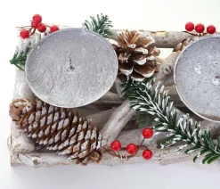 Adventsgesteck länglich, Weihnachtsdeko Adventskranz, Holz 11x15x50cm weiß-grau ~ mit Kerzen, weiß