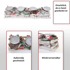 Adventsgesteck länglich, Weihnachtsdeko Adventskranz, Holz 11x15x50cm weiß-grau ~ mit Kerzen, weiß