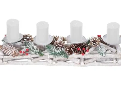 Adventsgesteck länglich, Weihnachtsdeko Adventskranz, Holz 11x15x50cm weiß-grau ~ mit Kerzen, weiß