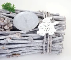 Adventsgesteck länglich, Weihnachtsdeko Adventskranz, Holz 60x16x9cm weiß-grau ~ mit Kerzen, weiß
