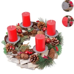 Adventskranz MCW-H49, Weihnachtsdeko Adventsgesteck Gesteck, Holz MVG-zertifiziert rund Ø 33cm ~ inkl. 4x Kerzen rot