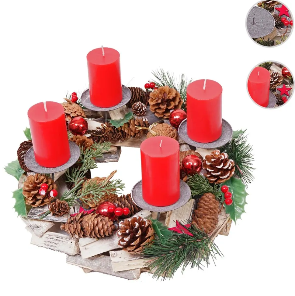 Adventskranz MCW-H49, Weihnachtsdeko Adventsgesteck Gesteck, Holz MVG-zertifiziert rund Ø 33cm ~ inkl. 4x Kerzen rot