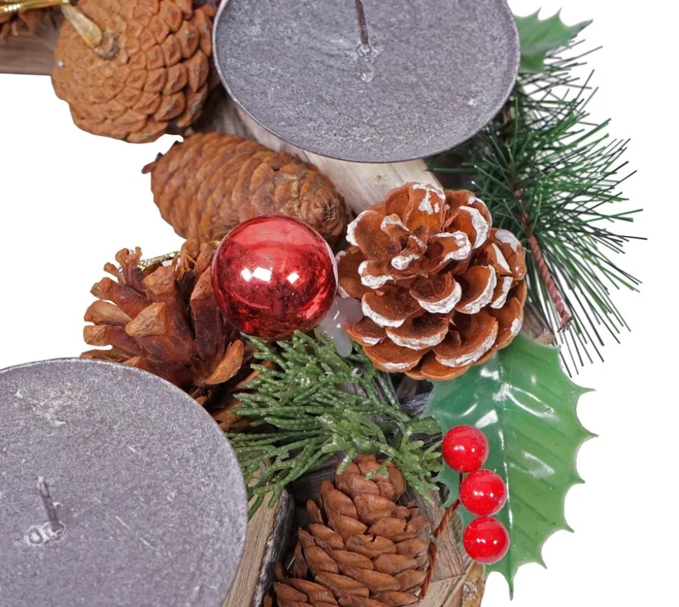 Adventskranz MCW-H49, Weihnachtsdeko Adventsgesteck Gesteck, Holz MVG-zertifiziert rund Ø 33cm ~ inkl. 4x Kerzen rot