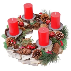 Adventskranz MCW-H49, Weihnachtsdeko Adventsgesteck Gesteck, Holz MVG-zertifiziert rund Ø 33cm ~ inkl. 4x Kerzen rot