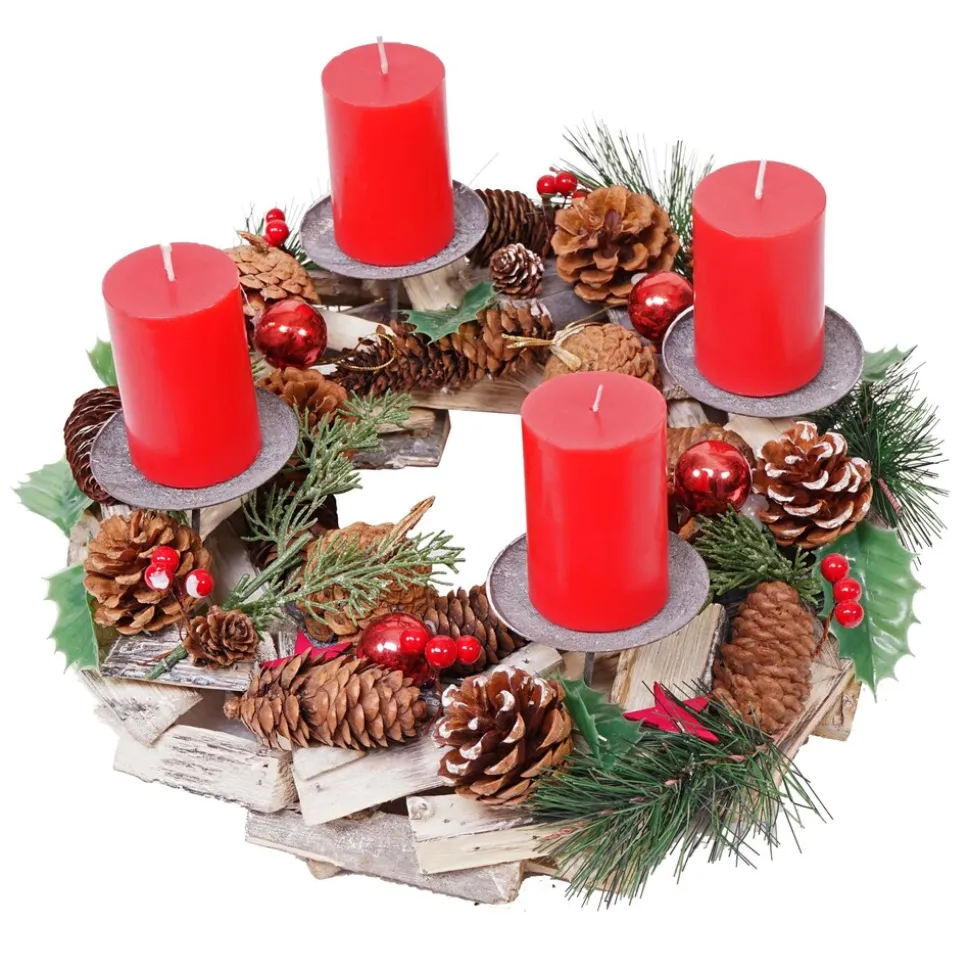 Adventskranz MCW-H49, Weihnachtsdeko Adventsgesteck Gesteck, Holz MVG-zertifiziert rund Ø 33cm ~ inkl. 4x Kerzen rot