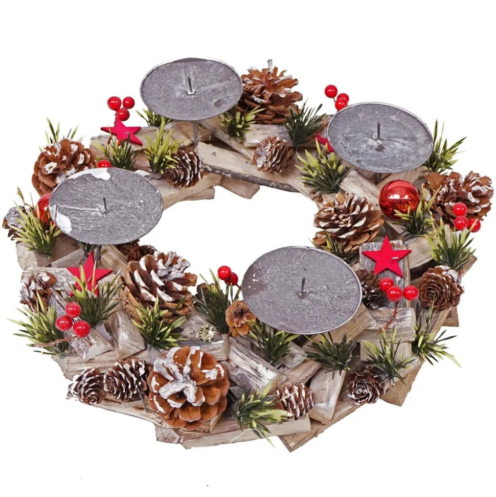 Adventskranz MCW-H50, Weihnachtsdeko Adventsgesteck Weihnachtsgesteck, Holz rund Ø 33cm MVG ~ ohne Kerzen