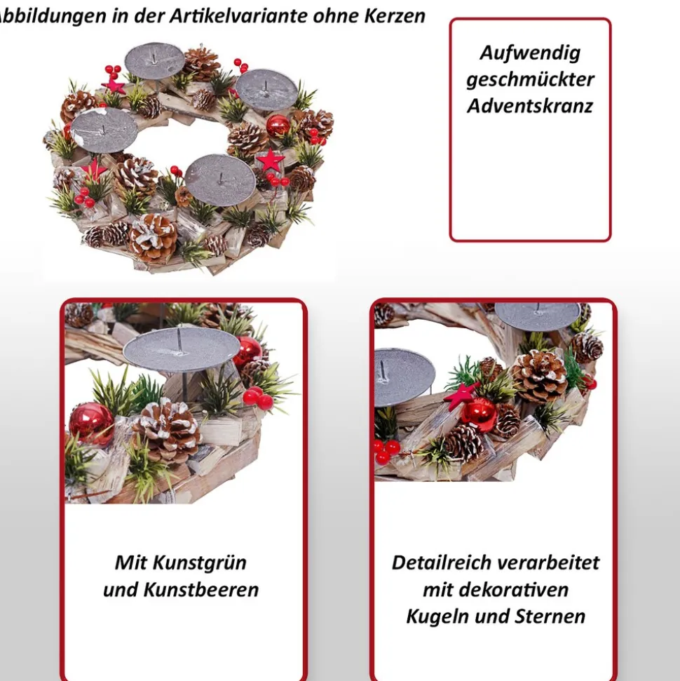 Adventskranz MCW-H50, Weihnachtsdeko Adventsgesteck Weihnachtsgesteck, Holz rund Ø 33cm MVG ~ ohne Kerzen