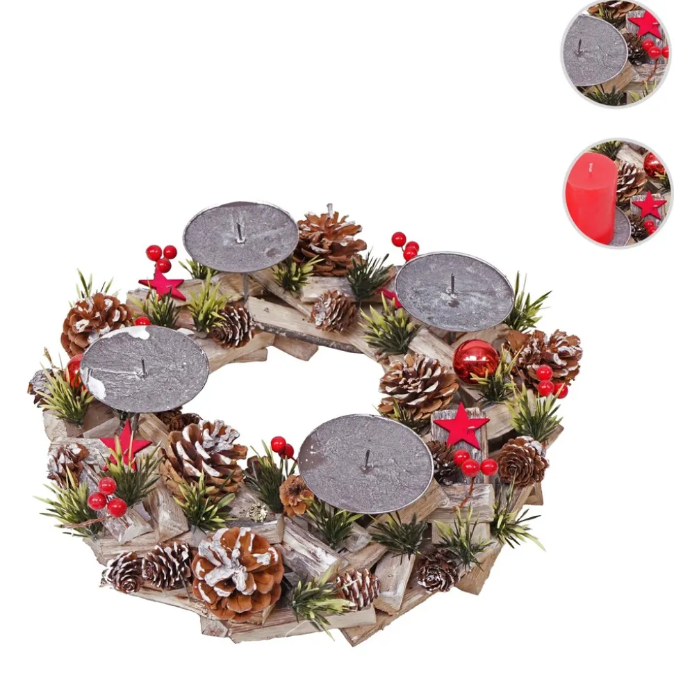 Adventskranz MCW-H50, Weihnachtsdeko Adventsgesteck Weihnachtsgesteck, Holz rund Ø 33cm MVG ~ ohne Kerzen