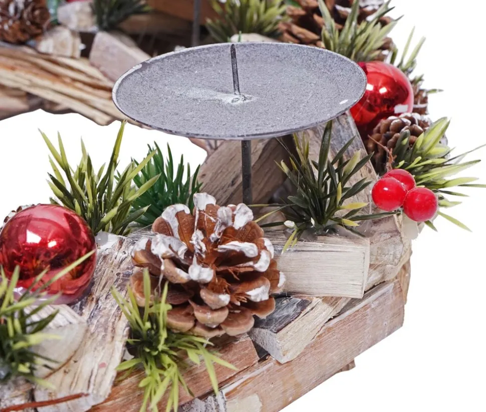 Adventskranz MCW-H50, Weihnachtsdeko Adventsgesteck Weihnachtsgesteck, Holz rund Ø 33cm MVG ~ ohne Kerzen