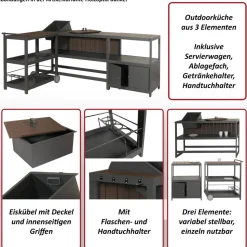 Aluminium Outdoor-Küche 3-teilig MCW-M64, Außenküche Garten Servierwagen Eiskübel Schrank ~ anthrazit, dunkle Holzoptik
