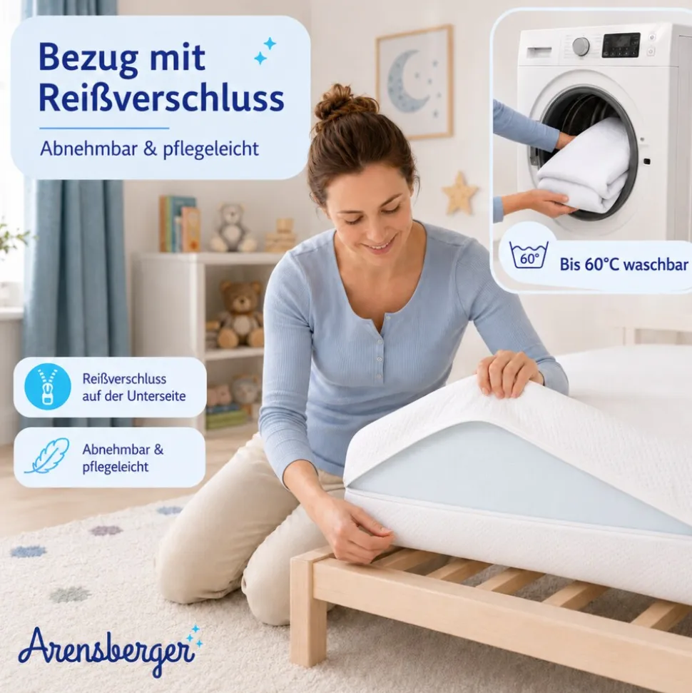 Arensberger Kindermatratze Babymatratze NORA | 70x140cm | Bezug waschbar & abnehmbar | punktelastischer Gelschaum | Jugendmatratze, allergikerfreundlich premium Bezug