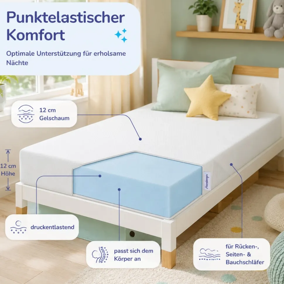 Arensberger Kindermatratze Babymatratze NORA | 70x140cm | Bezug waschbar & abnehmbar | punktelastischer Gelschaum | Jugendmatratze, allergikerfreundlich premium Bezug