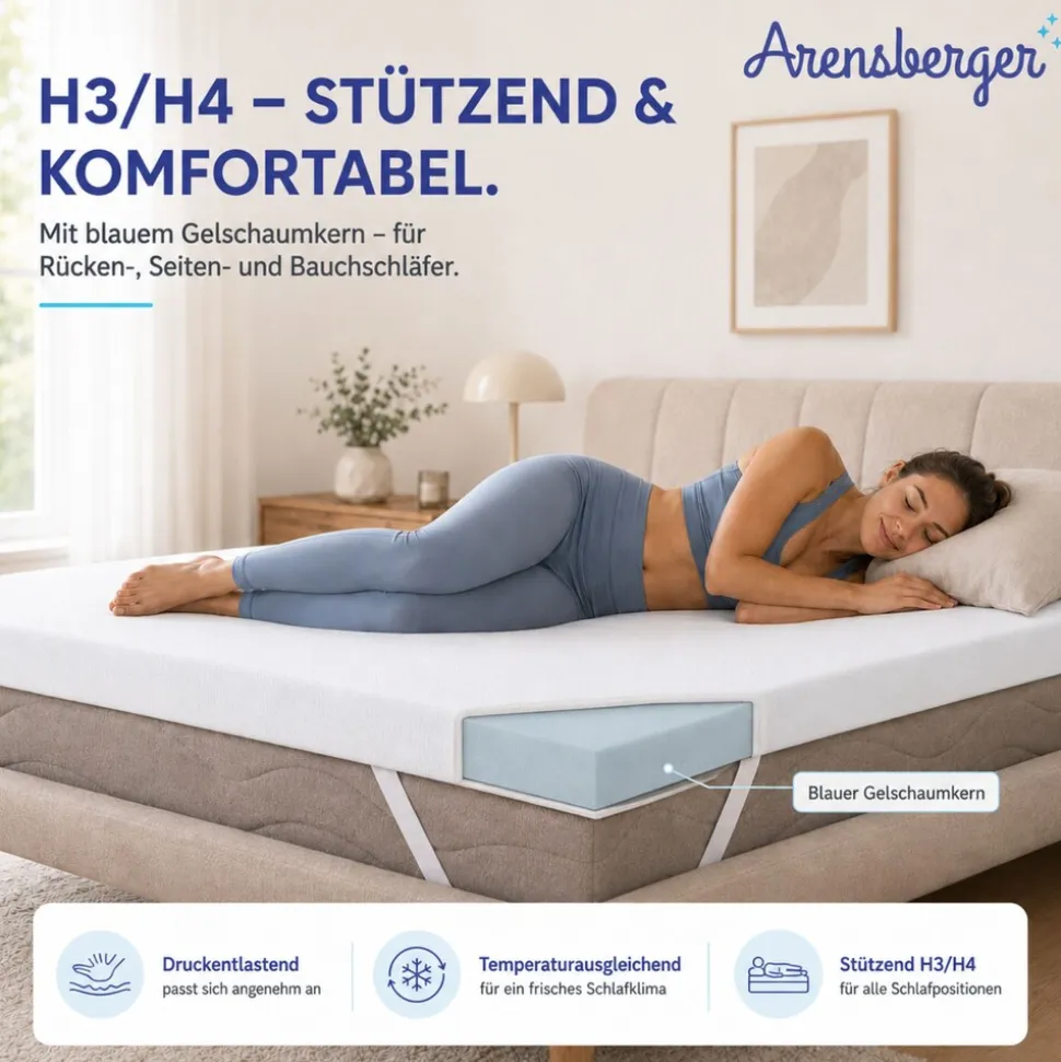 Arensberger Matratzen Topper ESSENCE, 90x200cm, Gelschaum Matratzentopper, waschbarer Bezug, geeignet für Federkern & Schaumstoff Matratzen, H2 H3, Matratzenauflage Höhe 5cm