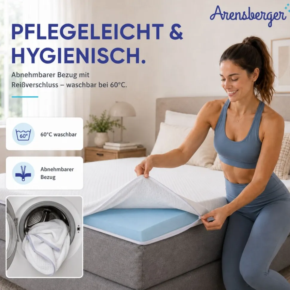 Arensberger Matratzen Topper ESSENCE, 90x200cm, Gelschaum Matratzentopper, waschbarer Bezug, geeignet für Federkern & Schaumstoff Matratzen, H2 H3, Matratzenauflage Höhe 5cm