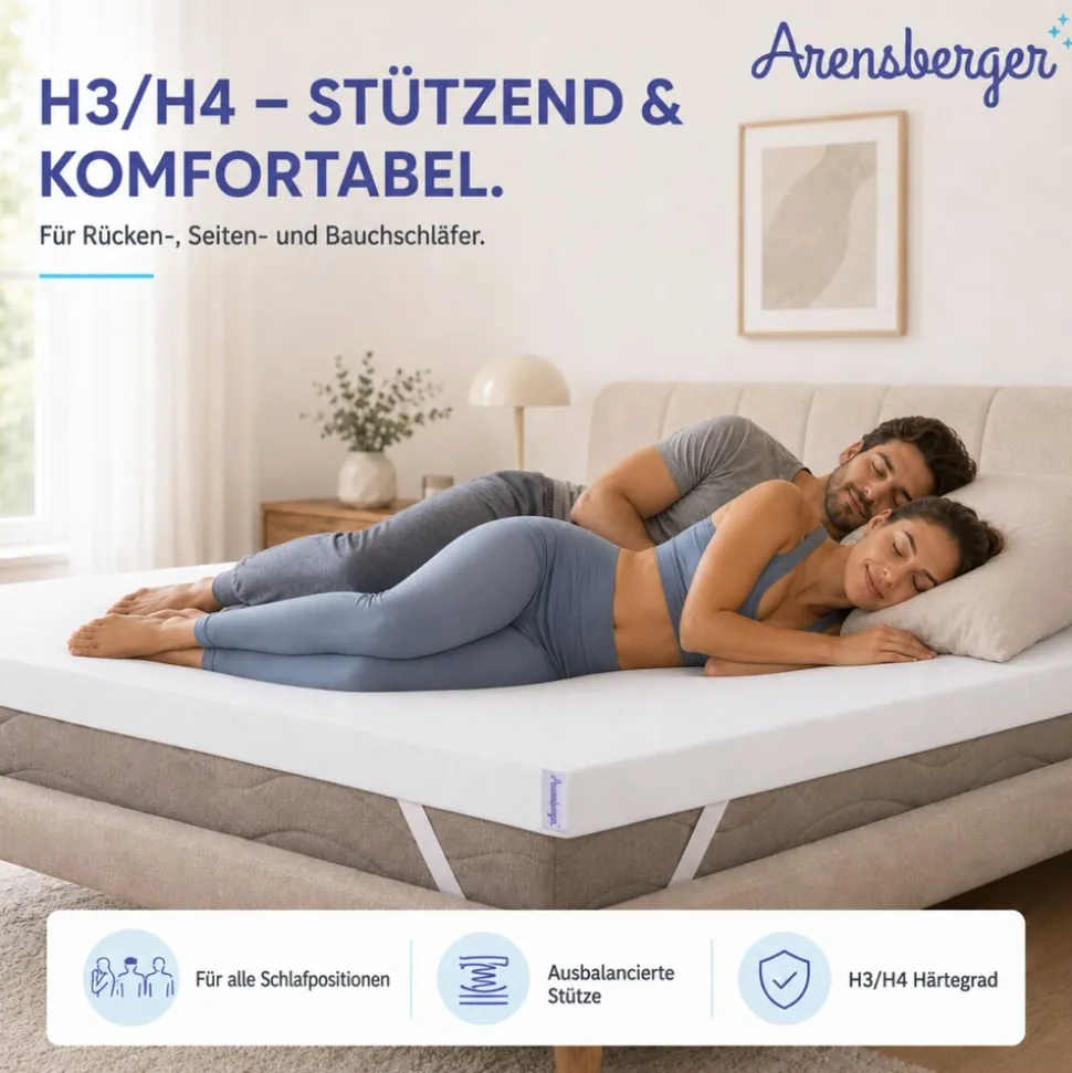Arensberger Matratzen Topper ESSENCE, 90x200cm, Gelschaum Matratzentopper, waschbarer Bezug, geeignet für Federkern & Schaumstoff Matratzen, H2 H3, Matratzenauflage Höhe 5cm