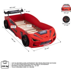 Autobett 90x200 Rio Kinderbett mit LED Leuchte und Lattenrost Rot