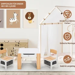 Baby Vivo Kindersitzgruppe mit multifunktionalem Tisch und 2 Stühlen aus Holz - Mia