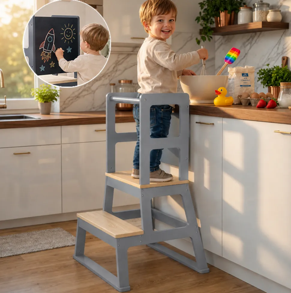 Baby Vivo Lernturm aus Holz - Mit Tafel in Grau