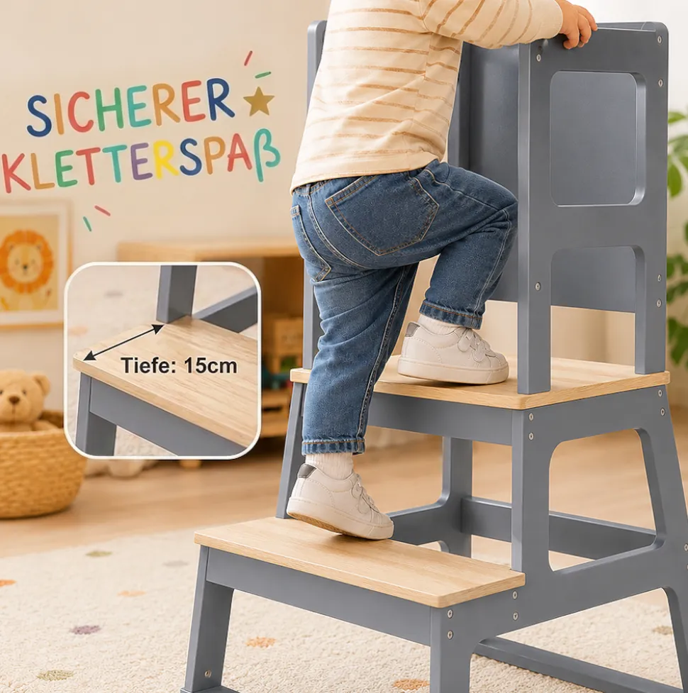 Baby Vivo Lernturm aus Holz - Mit Tafel in Grau