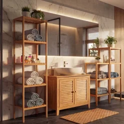Badezimmerset MCW-B18, Komplett Badezimmer Badmöbel Badset Badschrank, Bambus