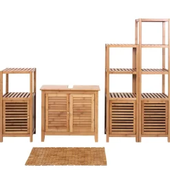 Badezimmerset MCW-B18, Komplett Badezimmer Badmöbel Badset Badschrank mit Tür, Bambus