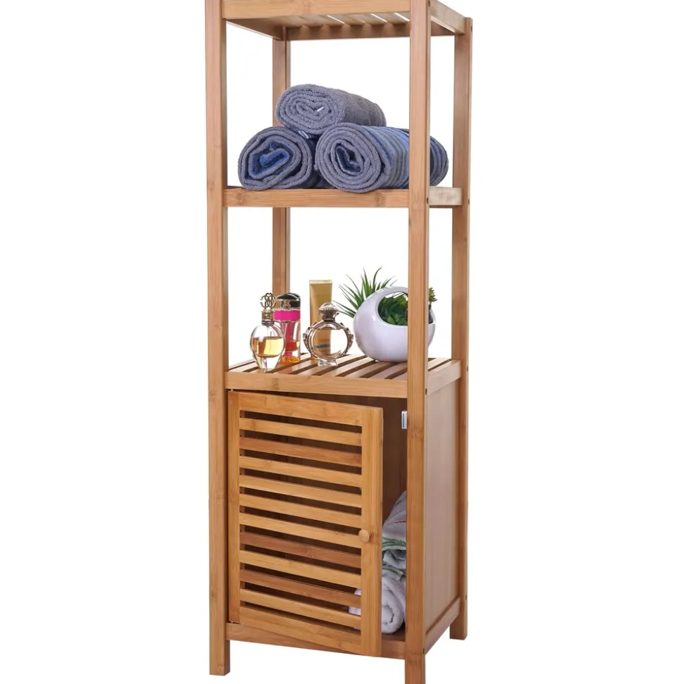 Badezimmerset MCW-B18, Komplett Badezimmer Badmöbel Badset Badschrank mit Tür, Bambus