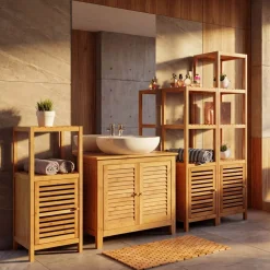 Badezimmerset MCW-B18, Komplett Badezimmer Badmöbel Badset Badschrank mit Tür, Bambus
