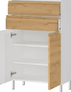 Badschrank Weiß und Eiche Grandson 60x97x34cm mit Schubladen, Chromfüßen und griffloser Front VEER
