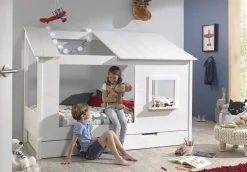 Baumhaus Bett 90 x 200 cm Liegefläche und Bettschublade offenes Dach Weiß lackiert