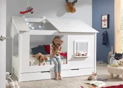 Baumhaus Bett 90 x 200 cm Liegefläche und Bettschublade offenes Dach Weiß lackiert