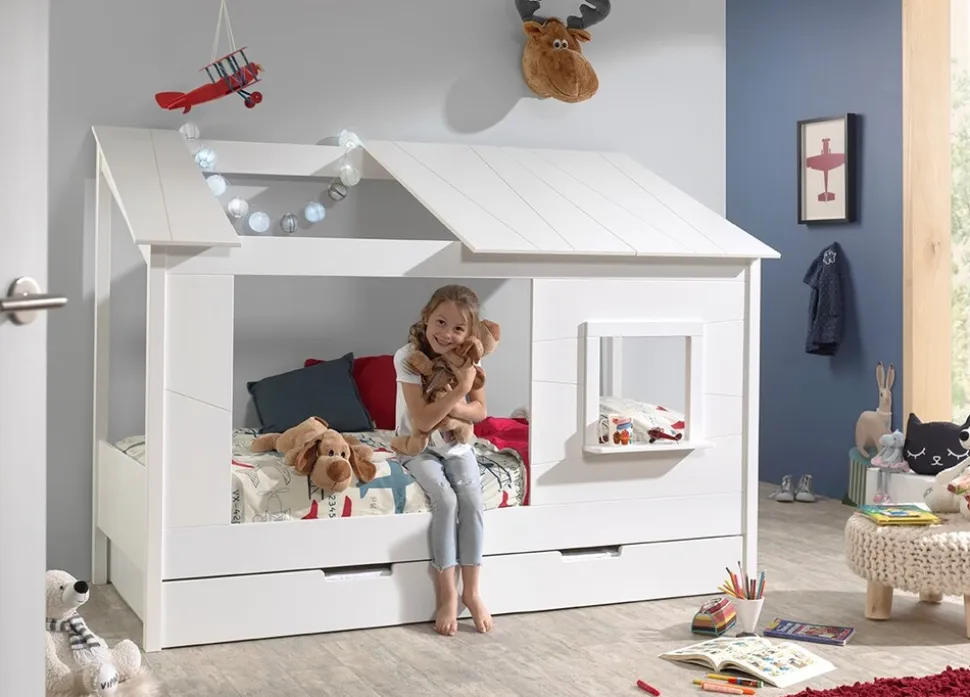 Baumhaus Bett 90 x 200 cm Liegefläche und Bettschublade offenes Dach Weiß lackiert