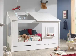 Baumhaus Bett 90 x 200 cm Liegefläche und Bettschublade offenes Dach Weiß lackiert