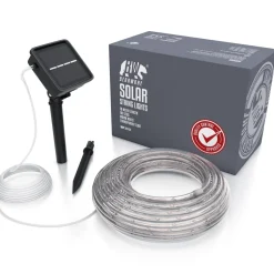 BEARWARE LED Lichterkette Solar 10 m warmweiß - Innen und Außen - Solarpanel mit Akku 1200mAh - 100 Leds warmweiß - 2 Modi: blinkend und stetig