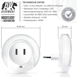 BEARWARE LED Nachtlicht, Warmweiß, Nachtlampe mit USB Ladefunktion, Helligkeits & Dämmerungssensor