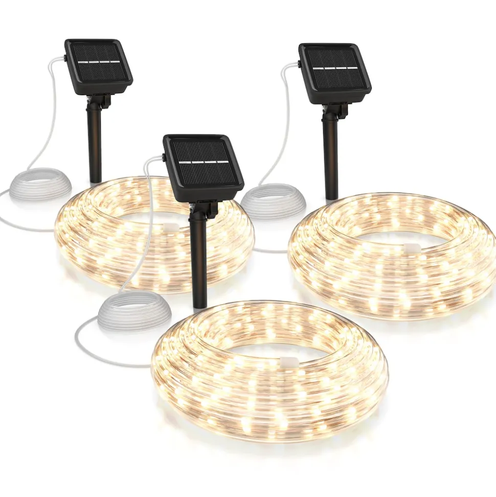 BEARWARE 3x LED-Lichterkette, Solar 10m warmweiß, Innen & Außen, Solarpanel mit Akku, 100 Leds, IP44