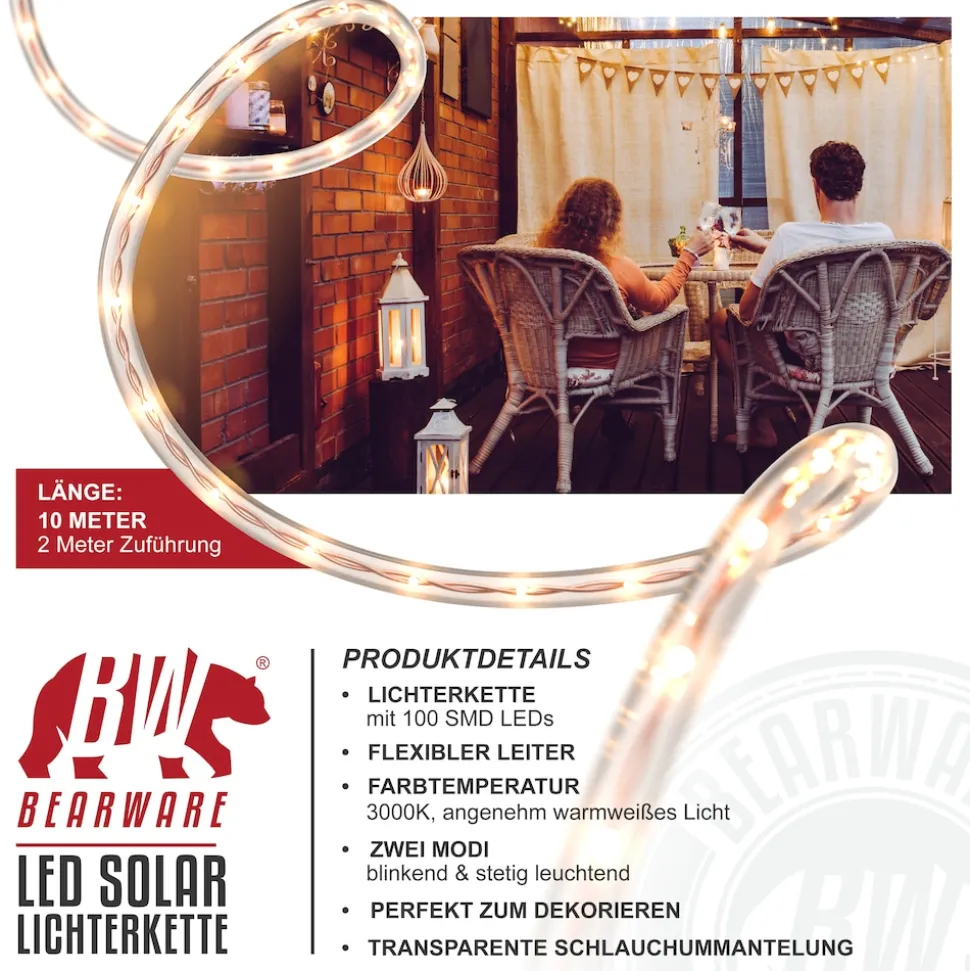BEARWARE 3x LED-Lichterkette, Solar 10m warmweiß, Innen & Außen, Solarpanel mit Akku, 100 Leds, IP44
