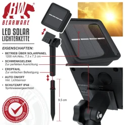 BEARWARE 4x LED-Lichterkette, Solar 10m warmweiß, Innen & Außen, Solarpanel mit Akku, 100 Leds, IP44