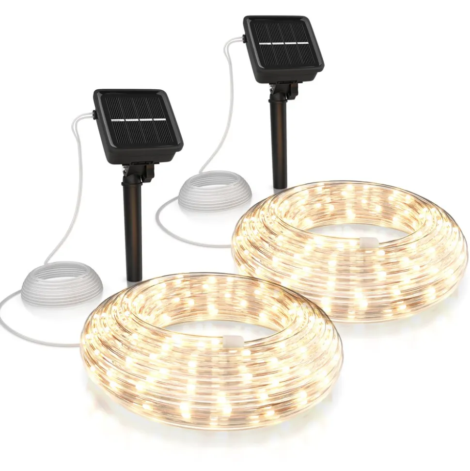 BEARWARE 2x LED-Lichterkette, Solar 10m warmweiß, Innen & Außen, Solarpanel mit Akku, 100 Leds, IP44