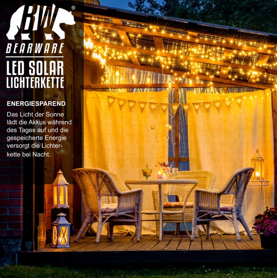 BEARWARE 2x LED-Lichterkette, Solar 10m warmweiß, Innen & Außen, Solarpanel mit Akku, 100 Leds, IP44