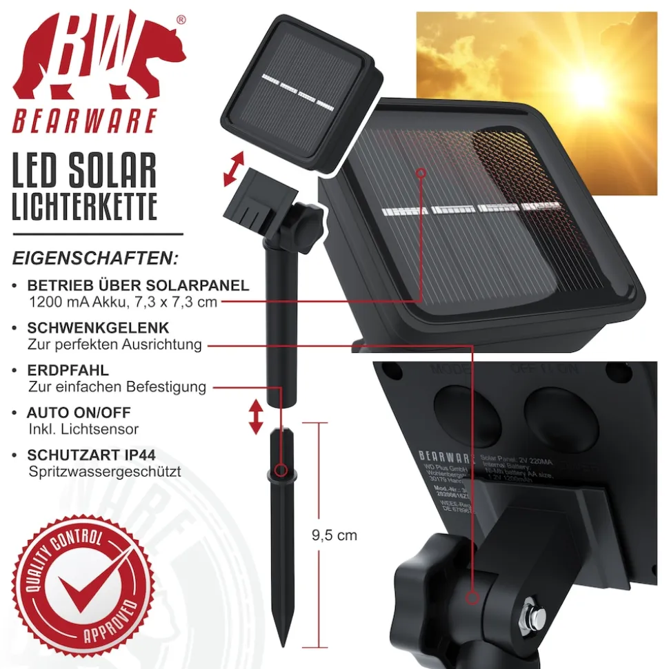BEARWARE 2x LED-Lichterkette, Solar 10m warmweiß, Innen & Außen, Solarpanel mit Akku, 100 Leds, IP44