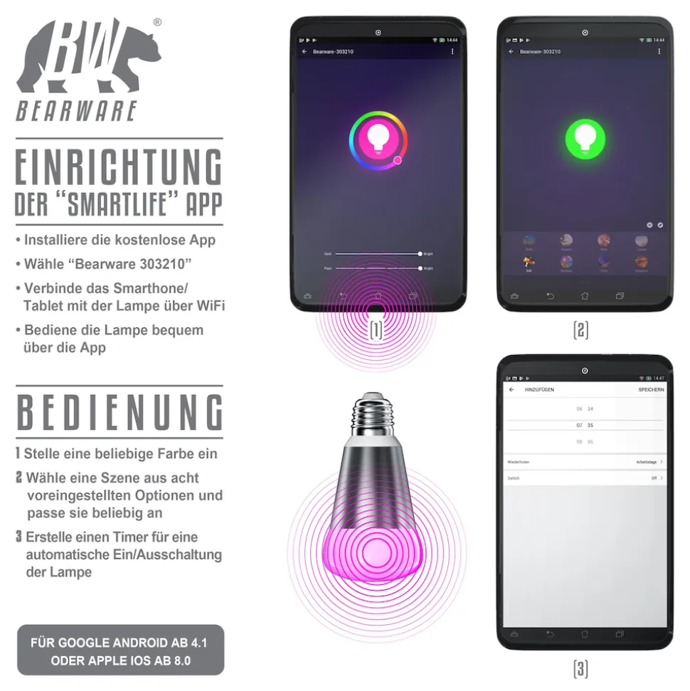 BEARWARE 2x Smarte LED-Leuchte, Wifi Smart Lampe, RGB Farbwechsel dimmbar, E27-Gewinde, 7W, 420 Lumen