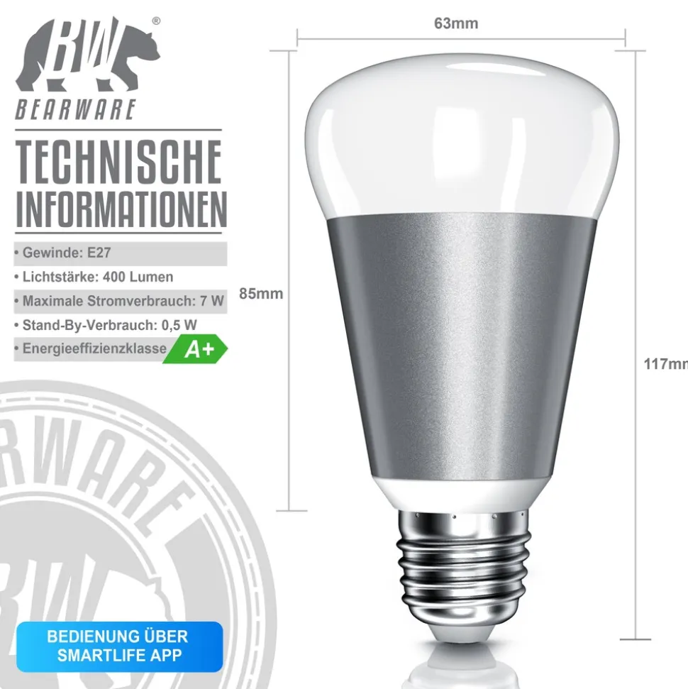 BEARWARE 2x Smarte LED-Leuchte, Wifi Smart Lampe, RGB Farbwechsel dimmbar, E27-Gewinde, 7W, 420 Lumen