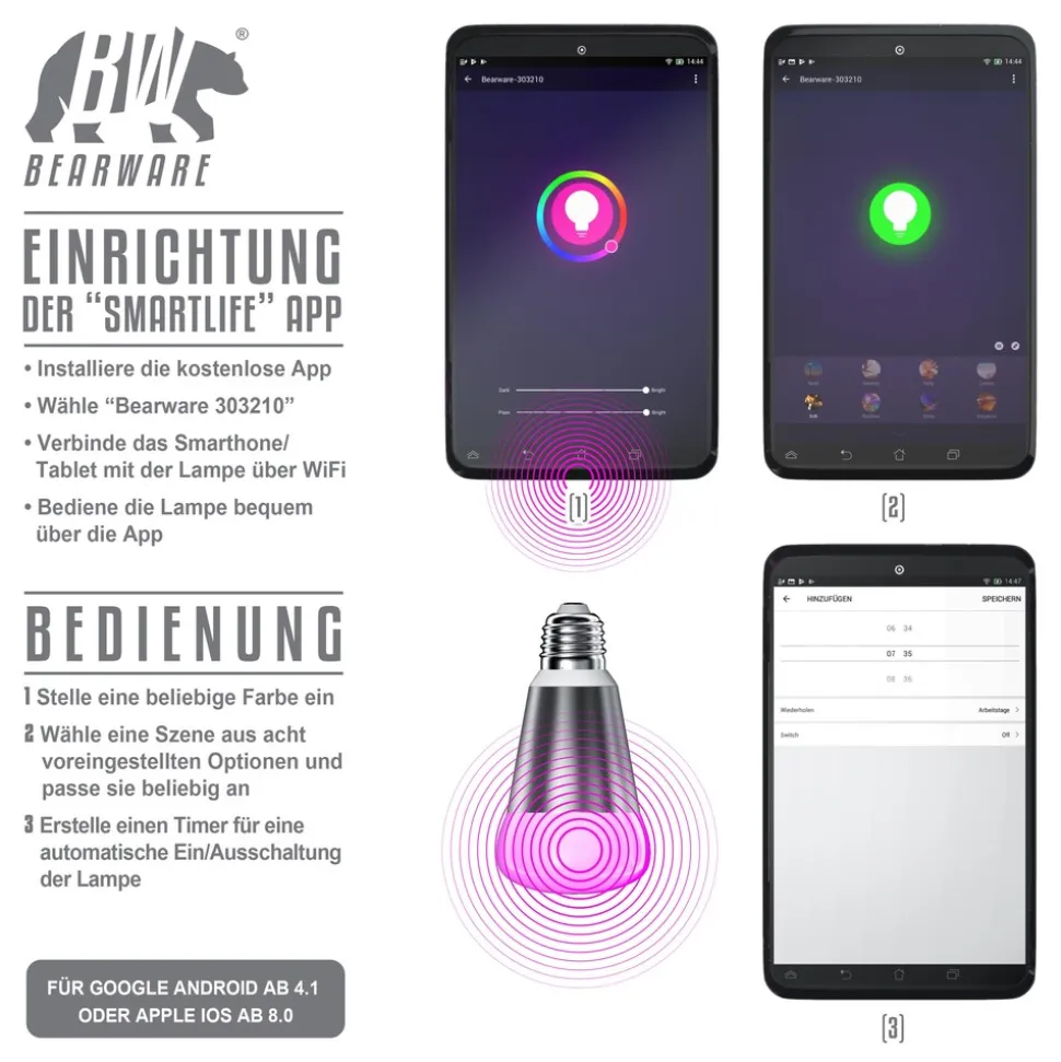 BEARWARE 2x Smarte LED-Leuchte, Wifi Smart Lampe, RGB Farbwechsel dimmbar, E27-Gewinde, 7W, 420 Lumen