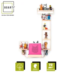 BOARTI Kinderregal Buchstabe J | hängend für Toniebox und Tonie Figuren | platzsparendes Regal | H. 54 x B. 37 x T. 19 | Wandregal Musikbox und Figuren Aufbewahrung Magneteinsätzen | Aufbewahrungsregal Holz