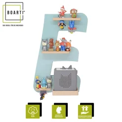 BOARTI Kinderregal Buchstabe E | hängend für Toniebox und Tonie Figuren | platzsparendes Regal | H. 47 x B. 32 x T. 19 | Wandregal Musikbox und Figuren Aufbewahrung Magneteinsätzen | Aufbewahrungsregal Holz