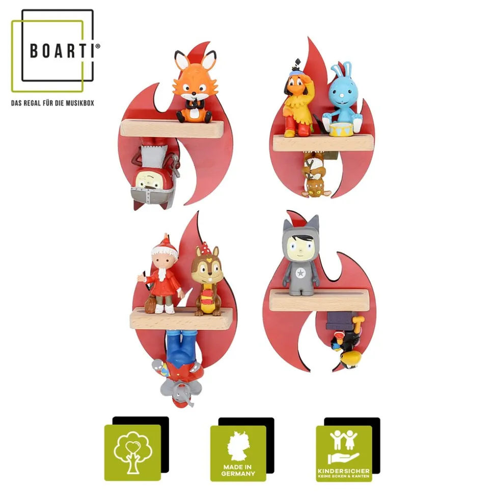 BOARTI Kinderregal Flammen Feuerwehr | hängend für Tonie Figuren | platzsparendes Regal | Maße: H. 31 x B. 21 x T. 5 cm | Wandregal für Figuren Aufbewahrung mit Magneteinsätzen | Aufbewahrungsregal Holz
