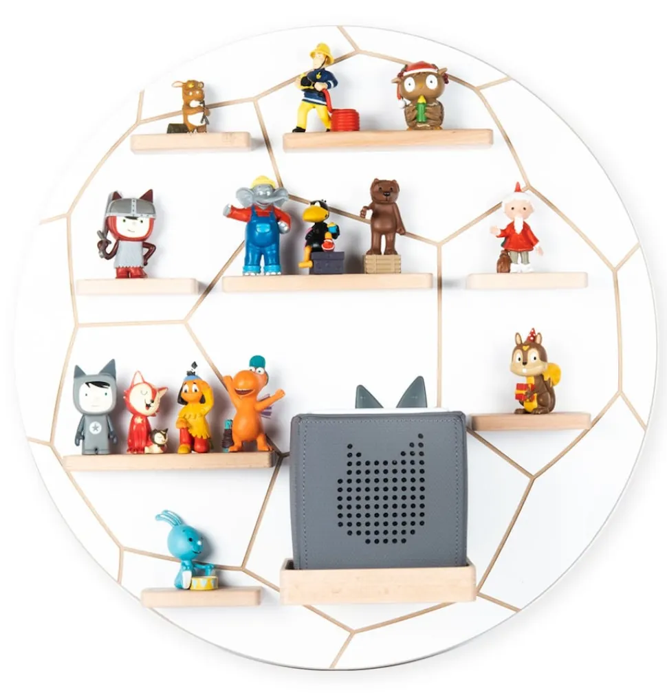 BOARTI Kinderregal Fußball | hängend für Toniebox und Tonie Figuren | platzsparendes Regal | H. 50 x B. 50 x T. 19 cm | Wandregal Musikbox und Figuren Aufbewahrung Magneteinsätzen | Aufbewahrungsregal Holz
