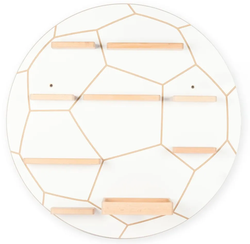 BOARTI Kinderregal Fußball | hängend für Toniebox und Tonie Figuren | platzsparendes Regal | H. 50 x B. 50 x T. 19 cm | Wandregal Musikbox und Figuren Aufbewahrung Magneteinsätzen | Aufbewahrungsregal Holz